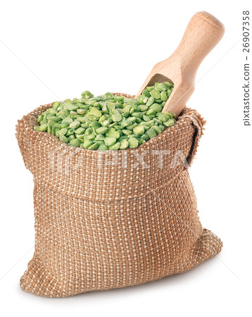 Green peas with scoop in bag isolated on white 26907358