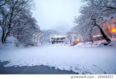 Baekyangsa Temple and falling snow. Baekyangsa Temple and falling snow. 26908855