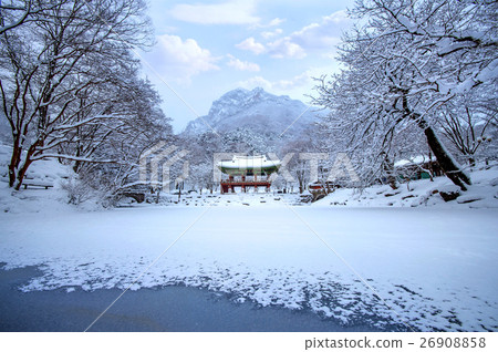Baekyangsa Temple and falling snow. 26908858