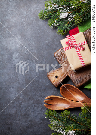 Christmas cooking table, gift box and utensils 26909732