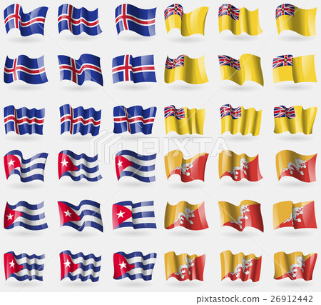 Iceland, Niue, Cuba, Bhutan. Set of 36 flags of th Iceland, Niue, Cuba, Bhutan. Set of 36 flags of th 26912442