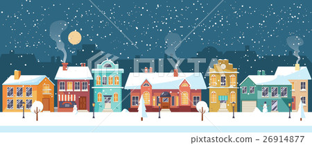 Snowy Christmas night in the cozy town, panorama 26914877