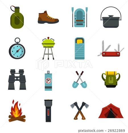 Camping equipment icons set, flat style 26922869