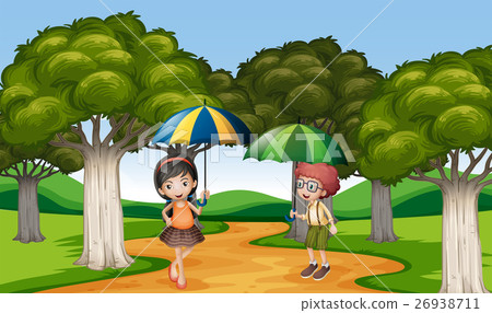 Two kids with umbrella in the park Two kids with umbrella in the park 26938711