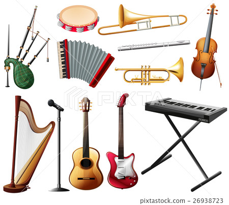 Different types of musical instrument on white 26938723