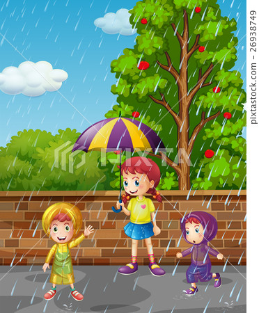 Rainy season with three kids in the rain 26938749
