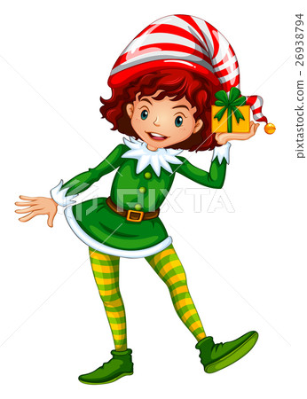 插图素材: girl dressed up in elf outfit holding present box