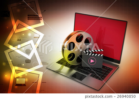 Laptop with reel wheel and clap board Laptop with reel wheel and clap board 26940850