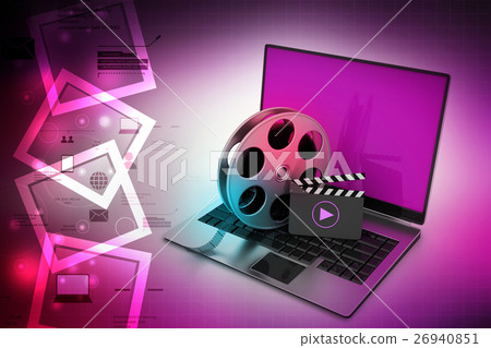 Laptop with reel wheel and clap board Laptop with reel wheel and clap board 26940851