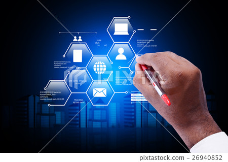 Man showing networking with virtual display Man showing networking with virtual display 26940852