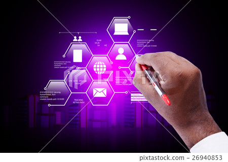 Man showing networking with virtual display Man showing networking with virtual display 26940853