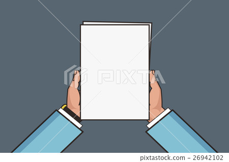 hands holding white sheet. Letter mockup 26942102