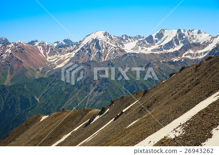 Green grassy mountain valley with ice peaks Green grassy mountain valley with ice peaks 26943262