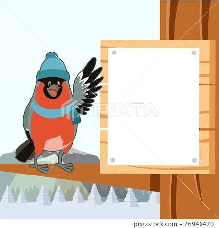 Happy Bullfinch with Hat on the winter background Happy Bullfinch with Hat on the winter background 26946470