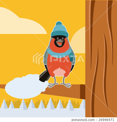 Happy Bullfinch with Hat on the winter background Happy Bullfinch with Hat on the winter background 26946471