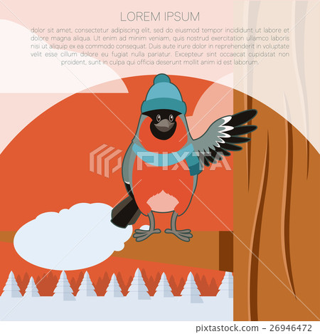 Happy Bullfinch with Hat on the winter background 26946472