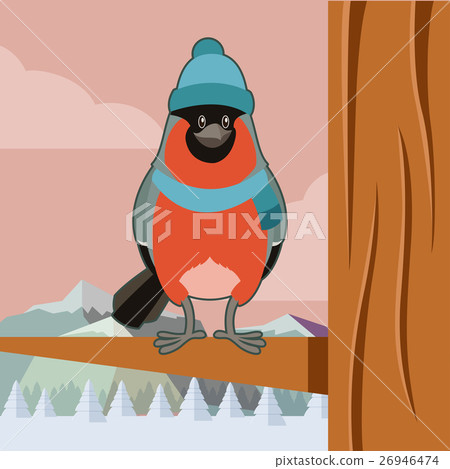 Happy Bullfinch with Hat on the winter background Happy Bullfinch with Hat on the winter background 26946474