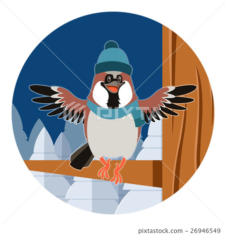 Happy Sparrow with Hat on the Tree flat background 26946549