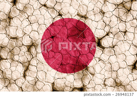 Japanese flag closeup texture background on dry cracked soil (high resolution 3D CG rendering ∕ coloring illustration) famine drought natural disaster 26948137