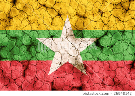Myanmar flag closeup texture background on dry cracked soil (high resolution 3D CG rendering ∕ coloring illustration) famine drought natural disaster 26948142