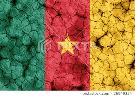 Cameroon flag closeup texture background on dry cracked soil (high resolution 3D CG rendering ∕ coloring illustration) famine drought natural disaster 26949334