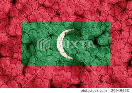 Maldives flag closeup texture background on dry cracked soil (high resolution 3D CG rendering ∕ coloring illustration) famine drought natural disaster 26949338