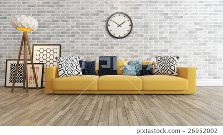 living room with big watch on white brick wall living room with big watch on white brick wall 26952002