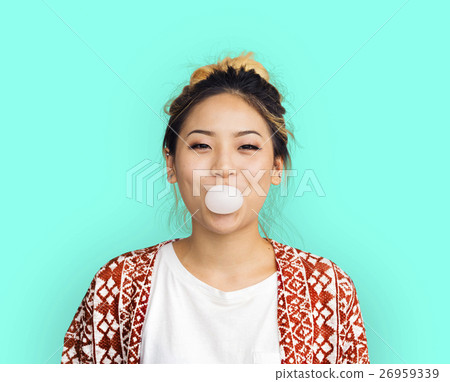 Young Girl Chewing Bubble Gum Concept Young Girl Chewing Bubble Gum Concept 26959339