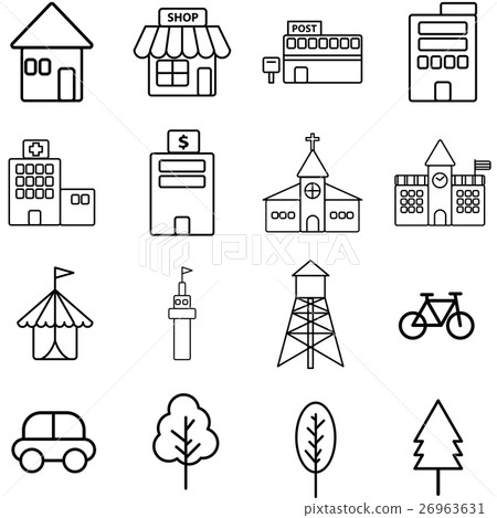 Simple black line icon of urban building - Stock Illustration [26963631 ...
