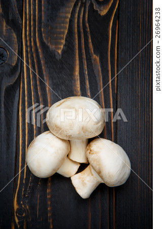 champignon mushroom on wooden background 26964238