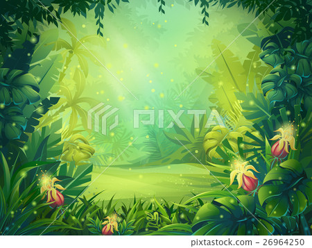 Vector cartoon illustration of morning rainforest 26964250