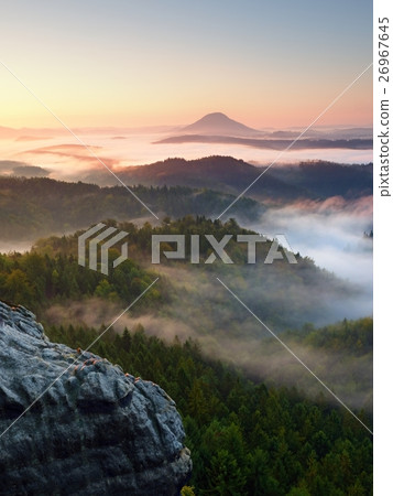 Autumn sunrise forest,  fall valley full of mist 26967645