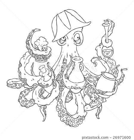 Drunk octopus-pirate with a drink in the tentacles Drunk octopus-pirate with a drink in the tentacles 26971600