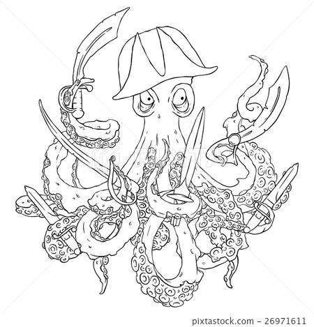 Angry pirate-octopus with arms. Sword, dagger 26971611