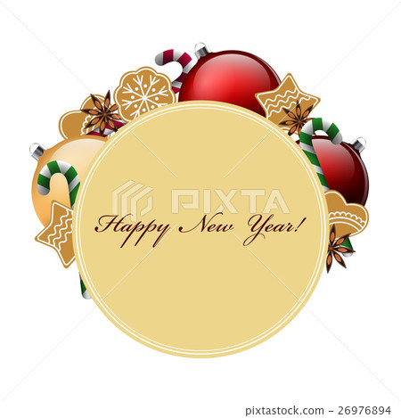 New Year tag. Ball, candy, ginger cookies, anise 26976894