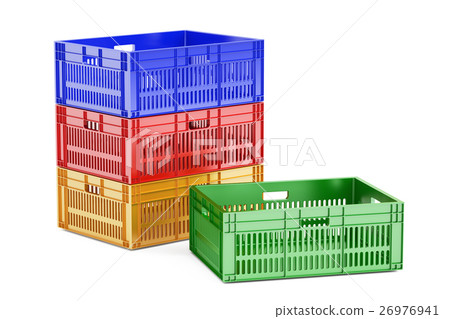 stack colored plastic crates, 3D rendering 26976941
