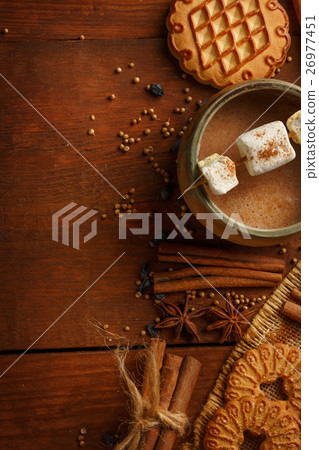 Composition of cocoa in cup with marshmallow, biscuit cookies, a 26977451