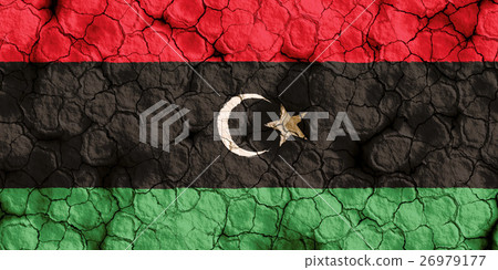 Libya flag closeup texture background on dry cracked soil (high resolution 3D CG rendering ∕ coloring illustration) famine drought natural disaster 26979177