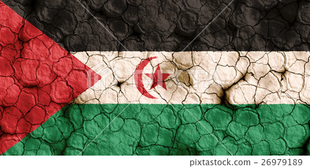 乾裂土壤上的撒拉威阿拉伯國旗特寫紋理背景（高分辨率 3D CG 渲染∕著色插圖）飢荒乾旱自然災害 26979189