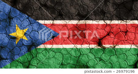 乾裂土壤上的南蘇丹國旗特寫紋理背景（高分辨率 3D CG 渲染∕著色插圖）飢荒乾旱自然災害 26979196