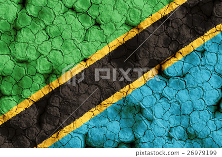 Tanzanian flag closeup texture background on dry cracked soil (high resolution 3D CG rendering ∕ coloring illustration) famine drought natural disaster 26979199