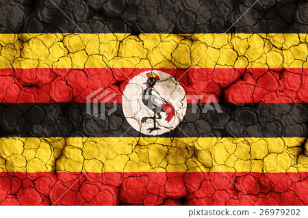 乾裂土壤上的烏干達國旗特寫紋理背景（高分辨率 3D CG 渲染∕著色插圖）飢荒乾旱自然災害 26979202