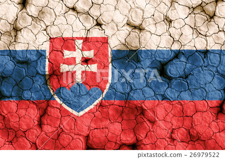 Slovak flag closeup texture background on dry cracked soil (high resolution 3D CG rendering ∕ coloring illustration) famine drought natural disaster 26979522