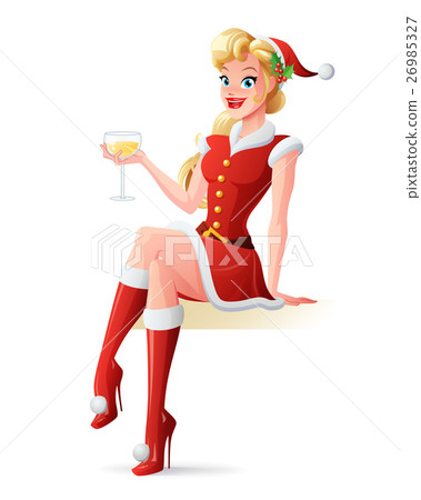Vector beautiful woman in Santa outfit toasting Vector beautiful woman in Santa outfit toasting 26985327