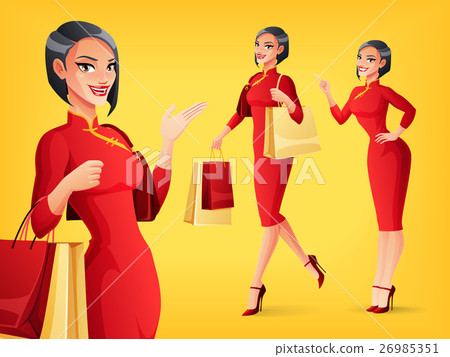 Smiling Chinese woman in different poses. Vector 26985351