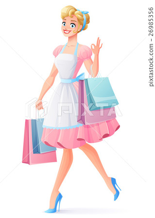 Smiling housewife walking with shopping bags Smiling housewife walking with shopping bags 26985356