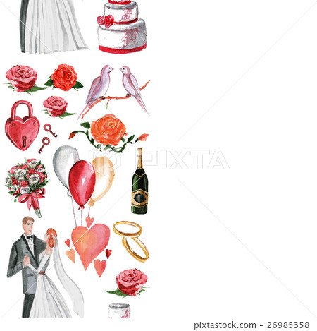Watercolor wedding pattern Groom, bride, hearts 26985358