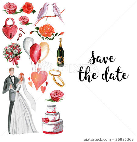 Watercolor wedding pattern Groom, bride, hearts Watercolor wedding pattern Groom, bride, hearts 26985362