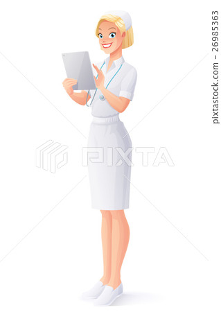 Vector medical nurse in uniform using touch pad Vector medical nurse in uniform using touch pad 26985363