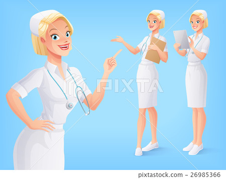 Smiling medical nurse in uniform in various poses Smiling medical nurse in uniform in various poses 26985366